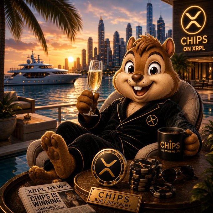A promotional image features a cheerful cartoon chipmunk in pajamas lounging by a luxurious waterfront at sunset, holding champagne; branding reads 'CHIPS ON XRPL', 'CHIPS THE WINNING LIFE', and a newspaper headline states 'CHIPS IS WINNING'.