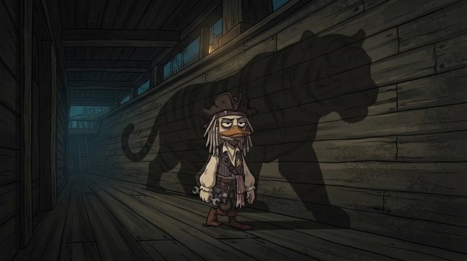 A cartoon duck character dressed as a pirate stands in a wooden corridor, casting a tiger-shaped shadow on the wall behind it.