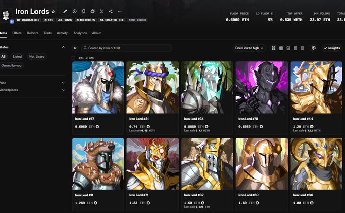 A screenshot of an NFT marketplace called 'Iron Lords' displaying a grid of knight-themed digital collectibles with prices in ETH.