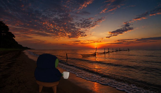 An illustration shows a hooded figure in a dark blue robe sitting on a small stool, holding a white mug while watching a vibrant orange sunset over the ocean.