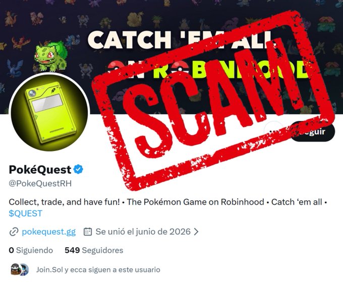 The image shows a Twitter/X profile for "PokéQuest" (@PokeQuestRH) with a banner reading "CATCH 'EM ALL ON ROBINHOOD" and a Game Boy-style logo, stamped with a large red "SCAM!" warning. The profile promotes a Pokémon-themed game on Robinhood Chain with the ticker $QUEST, which the accompanying post warns is a scam by the same team that previously rugged on Solana.