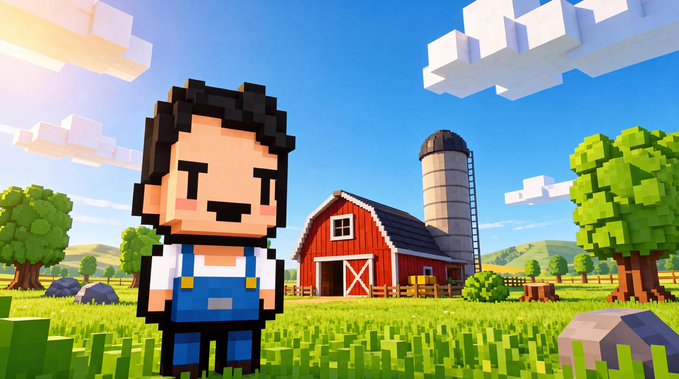 The image features a man standing next to a red barn with a tree nearby. The man appears to be dressed as a farmer or a worker at a farm. In the background, there are several trees and a building that could possibly be a house or a barn. The scene is set in an open field under a blue sky with white clouds.

The image also contains text that reads "Day 4 stats: total players: 6,134 avg playtime/player (hrs): 4.37 ~ crops harvested: 5,667,166 gold earned: 26,188,761,396 trees/rocks destroyed: 18,436 land purchased: 664,519 farm visits: 1,107 only possible on @solanagaming". This text provides additional context about the game and its content.