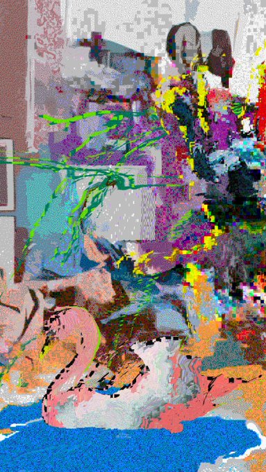 A heavily distorted, pixelated digital artwork with chaotic splashes of neon green, purple, blue, and yellow, depicting unrecognizable abstract or glitched figures.