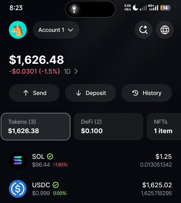 The post celebrates a $1,600 milestone in crypto trading, and the screenshot supports this by showing a wallet portfolio totaling $1,626.48, consisting primarily of $1,625.02 in USDC and $1.25 in SOL.