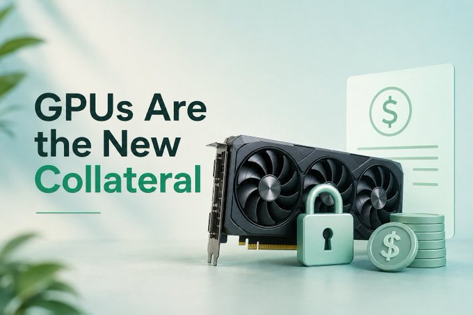 A modern GPU sits beside a green padlock, stacked coins, and a document marked with a dollar sign, beneath the headline "GPUs Are the New Collateral"—visually reinforcing the concept of using AI hardware itself, rather than company balance sheets, as loan collateral in deals like bullish's $100M stablecoin facility with USD.AI.