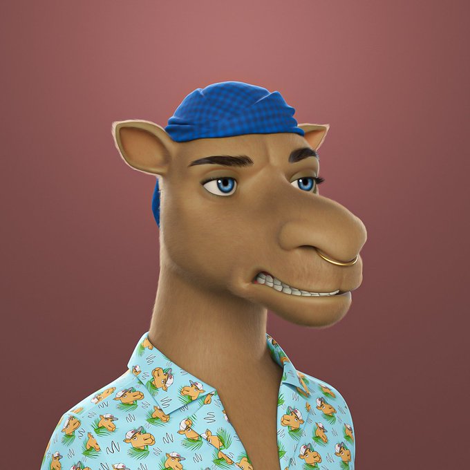 The image shows a 3D-rendered camel character with a skeptical side-eye expression, wearing a blue bandana and a Hawaiian shirt featuring a pattern of similar camel faces. The post's humor ties into the "Thirsty Thursday" theme and morning desert/oasis coffee joke, with the camel's unimpressed look matching the deadpan, relatable mood of denying the need for proper hydration.