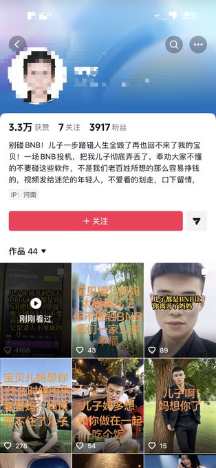 A Douyin profile belonging to a user with 3.3万 likes and 3917 followers, whose bio warns "别碰BNB! 儿子一离婚人生全毁了再也回不来了" (Don't touch BNB! My son's life was ruined after divorce, he'll never recover), directly echoing the post's warning about how BNB/BSC has devastated young people's lives.