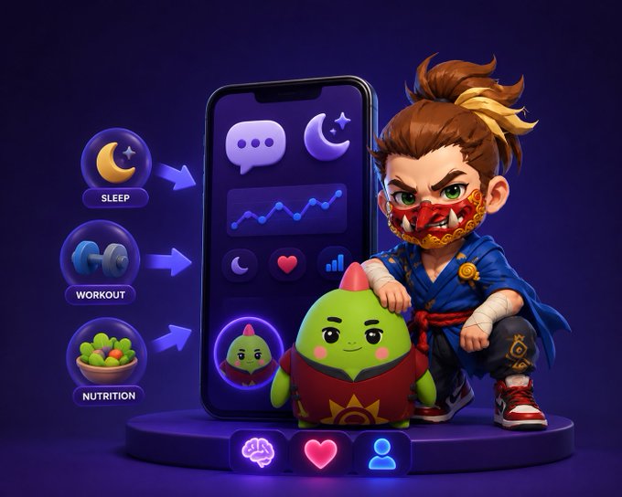 A 3D-rendered character with a red mask and a green creature stand next to a smartphone displaying health and wellness tracking features, with labeled icons for "SLEEP", "WORKOUT", and "NUTRITION" pointing toward the screen.