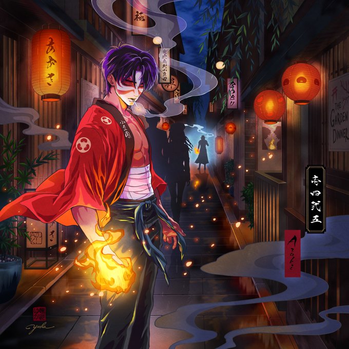 The image features a man dressed in a red jacket with a fire burning in his hand, surrounded by lanterns that cast an orange glow. The background includes buildings and signs written in Japanese characters, suggesting the scene takes place in Japan. The artist's signature is visible at the bottom of the post.