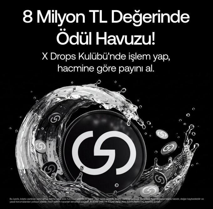 Turkish promotional image for a cryptocurrency project offering '8 Milyon TL Değerinde Ödül Havuzu!' (8 Million TL Prize Pool) via X Drops Kulübü, with a logo surrounded by a water splash.