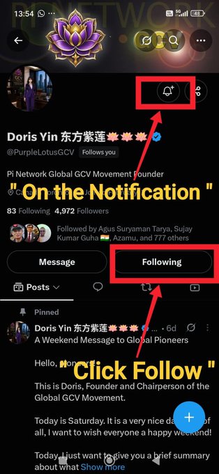A mobile screenshot of a Twitter/X profile for "Doris Yin @PurpleLotusGCV," Pi Network Global GCV Movement Founder, with red boxes and arrows highlighting the notification bell and "Following" button, prompting users to follow the account and enable notifications in support of the GCV movement.