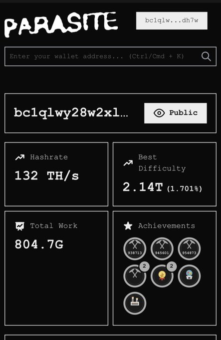 A dashboard for "PARASITE" showing mining statistics including a hashrate of 132 TH/s, best difficulty of 2.14T, total work of 804.7G, and various achievements.