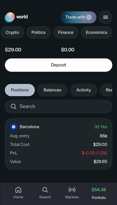 A screenshot of a mobile prediction market app shows a portfolio page with a $29.00 cash balance and $0.00 in pending funds, featuring category tabs like Crypto, Politics, Finance, and Economics. The user has an active position betting "Yes" on Barcelona at 33¢ with an average entry of 88¢, resulting in a total cost of $29.00 and a current PnL of -$0.35 (-1.2%), illustrating the poster's first successful trade on the platform as they await an airdrop.