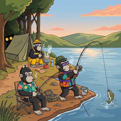 An illustration shows three gorillas camping and fishing by a lake at sunset, with one gorilla catching a fish on a line.