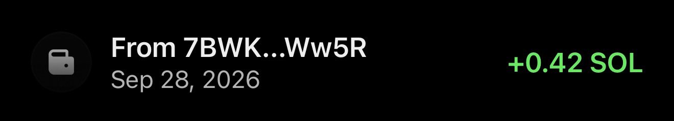 A wallet transaction record showing a transfer 'From 7BWK...Ww5R' dated 'Sep 28, 2026' for '+0.42 SOL'.