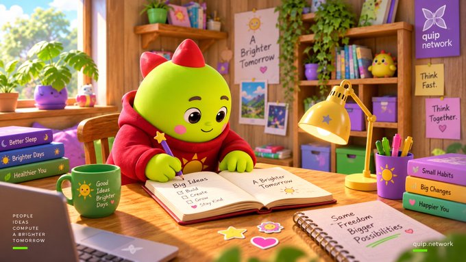 A colorful digital illustration featuring a green cartoon character in a red hoodie writing in a notebook at a desk, surrounded by books, plants, and motivational notes, with 'quip network' branding visible.