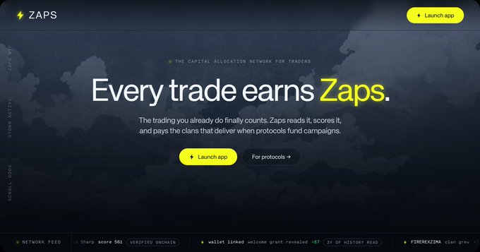 A website homepage for 'ZAPS' displays the tagline 'Every trade earns Zaps.' and describes it as 'THE CAPITAL ALLOCATION NETWORK FOR TRADERS,' featuring 'Launch app' buttons and a scrolling news ticker at the bottom.