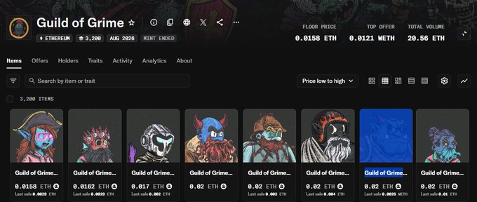 The image shows a marketplace listing for the "Guild of Grime" NFT collection on Ethereum, displaying a floor price of 0.0158 ETH, top offer of 0.0121 METH, and 20.56 ETH total volume across 3,200 items. The "10x" caption likely refers to the holder count or trading volume multiplier, suggesting significant profit or growth for the collector "Keijo" who appears to be winning from this NFT investment.