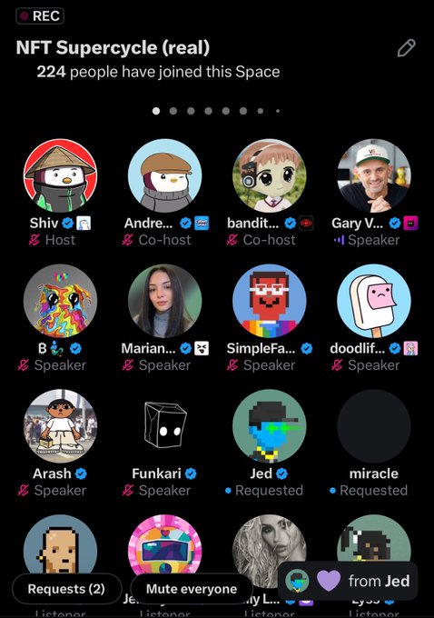 A screenshot of a Twitter Space titled 'NFT Supercycle (real)' with 224 participants, showing hosts Shiv and Andre, and various speakers including Gary V., B, Marian, SimpleFa, doodlif, Arash, and Funkari.