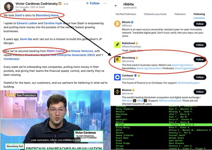 The image shows two LinkedIn posts side by side: one from Victor Cardenas Codriansky, co-founder and CEO of Slash, discussing his company's story being featured on Bloomberg News, and another from "ribbita" showing a Following list that includes Bitcoin, Robinhood, Bloomberg, Coinbase, and Binance. The accompanying post about the $TIBBIR community's patience and loyalty contrasts with the image's content, which focuses on Slash's financial achievements and mainstream crypto/business connections rather than the $TIBBIR community mentioned.