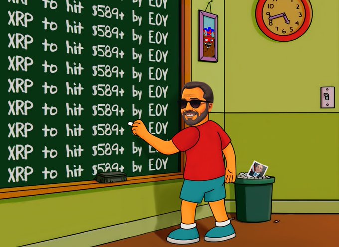 A cartoon image depicts a man in sunglasses and a red shirt writing bullish XRP price predictions on a chalkboard, repeatedly stating "XRP to hit $589+ by EOY," while holding a discarded photo in a trash can—satirizing overly optimistic crypto price forecasts.