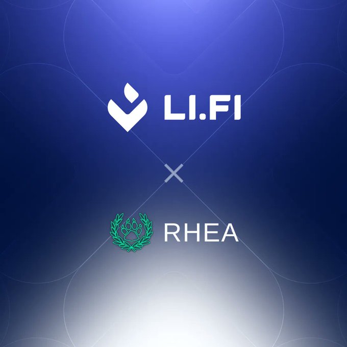Graphic on a blue and gray background displaying the logos 'LI.FI' and 'RHEA' separated by an 'X'.