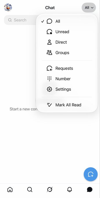 A screenshot of a mobile chat app's filter menu showing options like 'All', 'Unread', 'Direct', 'Groups', 'Requests', 'Number', 'Settings', and 'Mark All Read'.