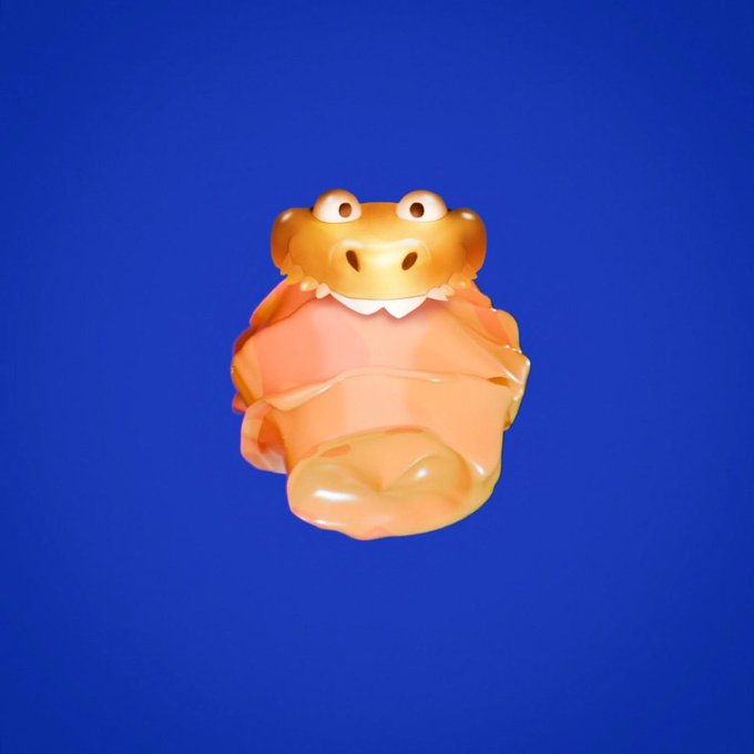 A 3D-rendered cartoon frog character with wide eyes and small fangs, rendered in glossy orange tones against a solid blue background.