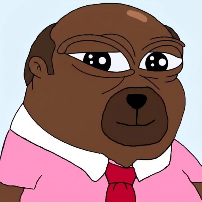 A cartoon illustration of a brown bear wearing a pink collared shirt and red tie, with large expressive eyes and a slightly amused expression.