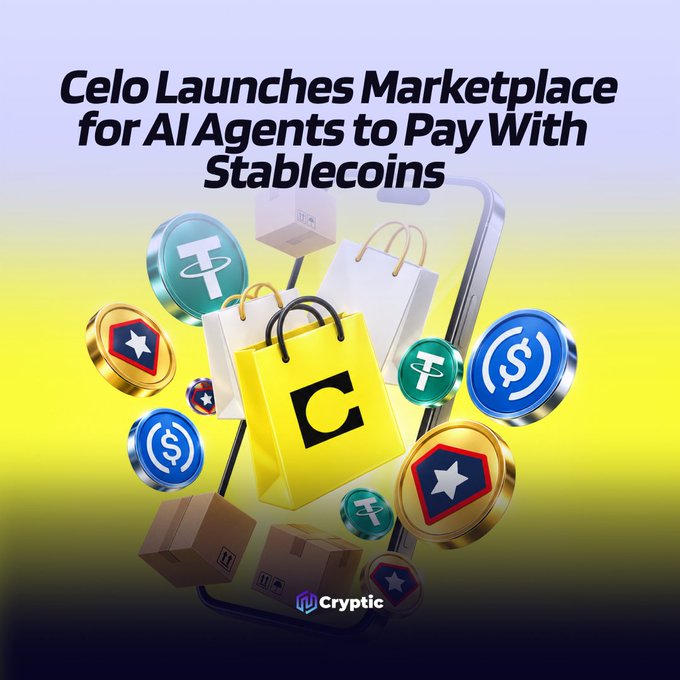 The image is a promotional graphic announcing "Celo Launches Marketplace for AI Agents to Pay With Stablecoins," featuring 3D-rendered stablecoin tokens (USDC, USDT) and shopping bags emerging from a smartphone screen against a yellow gradient background, visually representing Celo's new Buy marketplace where AI agents can autonomously purchase digital tools and services using stablecoins.