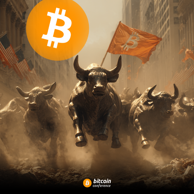 Promotional image for a Bitcoin Conference featuring charging bronze-colored bulls, with a large Bitcoin logo in the upper left and a Bitcoin flag waving amid American flags, against a dusty urban backdrop.