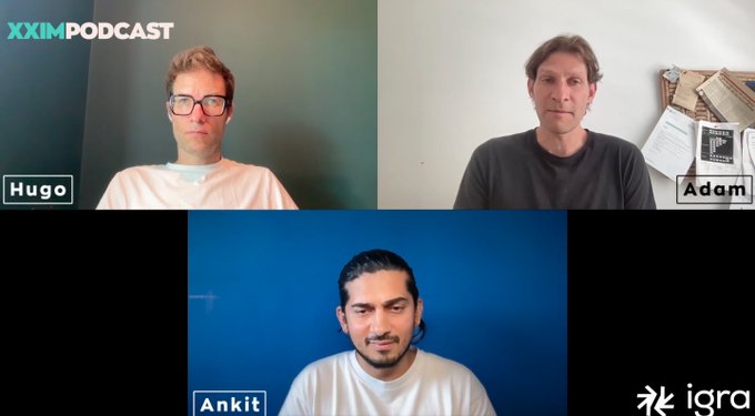A split-screen video podcast featuring three participants labeled "Hugo," "Adam," and "Ankit," with "XXIM PODCAST" displayed in the top-left corner and the "igra" logo in the bottom-right. The setup visually corresponds to the post about Minima Global's appearance on the XXIM Podcast, where Hugo and Adam Feiler interview Ankit (likely a Minima representative) about their embedded Layer 1 blockchain technology.