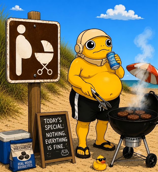 A chubby yellow character in a swim cap grills burgers on a beach next to a restroom sign and a chalkboard reading "TODAY'S SPECIAL: NOTHING. EVERYTHING IS FINE," holding a "HOPPY TONIC" can—perfectly capturing the post's relaxed "$TURBO" dad bod beach vibes.