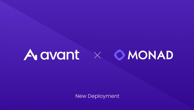 Purple promotional graphic for 'avant' and 'MONAD' featuring 'New Deployment' text.