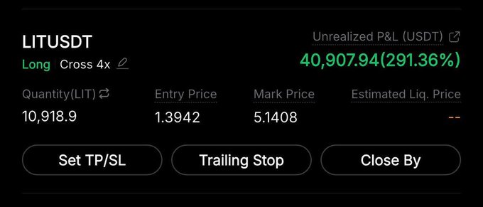 A cryptocurrency trading interface showing a long position on LITUSDT with 4x cross leverage, an entry price of 1.3942, a mark price of 5.1408, and an unrealized P&L of 40,907.94 (291.36%).