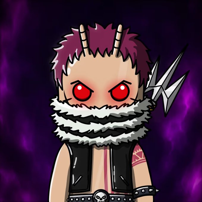 A chibi-style character with red eyes, magenta spiky hair, two horn-like protrusions, and a fluffy white scarf stands against a purple smoky background, wearing a studded black vest and belt with a skull buckle, matching the Charlotte Katakuri-inspired ChillBugs NFT referenced in the post.