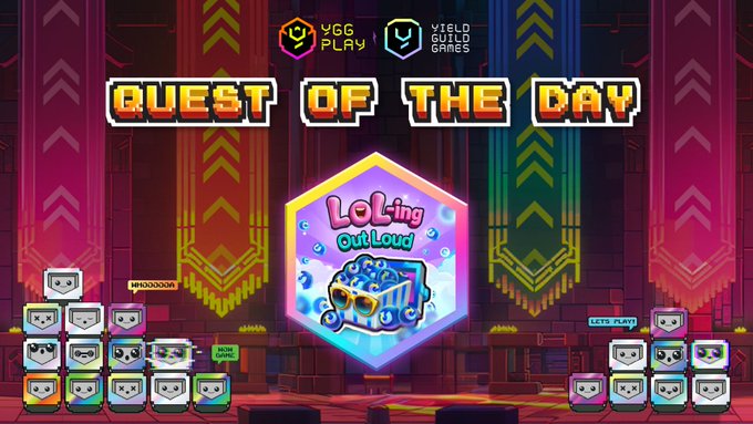The image features a poster for a video game called "Quest of the Day" that has been created by @Ygg_Play. The poster includes a colorful background with various elements, such as banners and flags, which are used to promote the game. The text on the poster reads "Quest of the day powered by @YGG Play Today: LOL-ing out loud Objective -Enroll in the quest: app.yggplay.fun/quests/loling- ...", which is a description of the game and its objectives. The poster also mentions that completing quests will earn players 10000 Premium Rolls as rewards for their efforts.