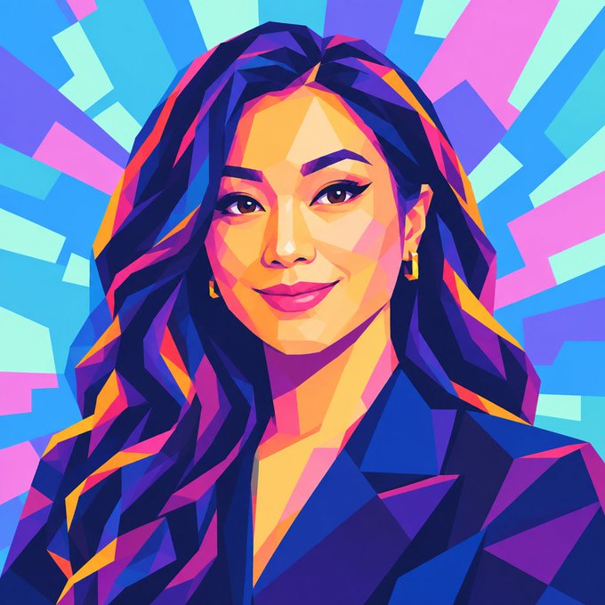 A stylized geometric portrait of a smiling woman with flowing dark hair rendered in vibrant blues, purples, oranges, and pinks against a colorful geometric background, complementing the post's promotion of an abstract profile picture creator by @garyvee.