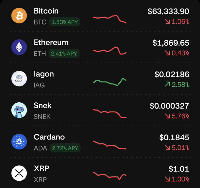 A cryptocurrency market dashboard displaying prices and 24-hour changes for Bitcoin ($63,333.90, down 1.06%), Ethereum ($1,869.65, down 0.43%), Iagon ($0.02186, up 2.58%), Snek ($0.000327, down 5.76%), Cardano ($0.1845, down 5.01%), and XRP ($1.01, down 1.00%), with APYs shown for BTC, ETH, and ADA.