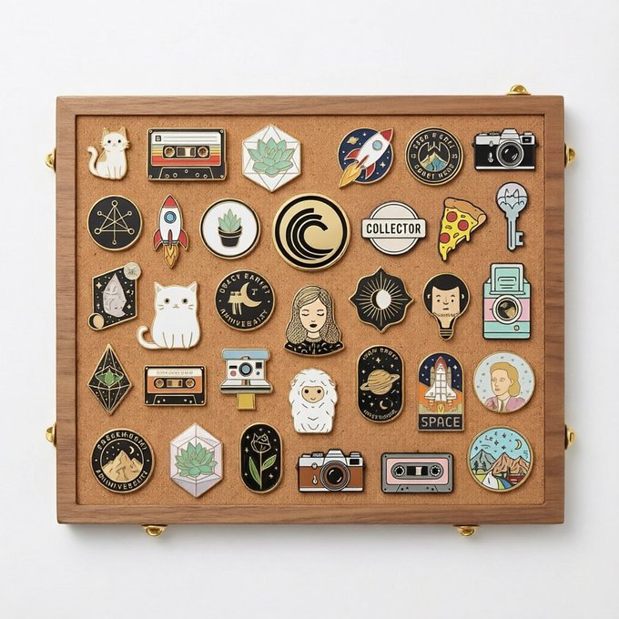 A corkboard display case filled with an assortment of enamel pins featuring cats, succulents, space rockets, cameras, cassette tapes, pizza slices, and characters, with the post "GM. 100% uptime on the board." tying into the "Collector" pin as a nod to the diverse pin collection being fully showcased.