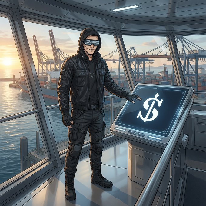 A comic-style illustration of a hooded figure wearing futuristic goggles, standing next to a glowing console with a dollar sign while overlooking a container ship port at sunset.