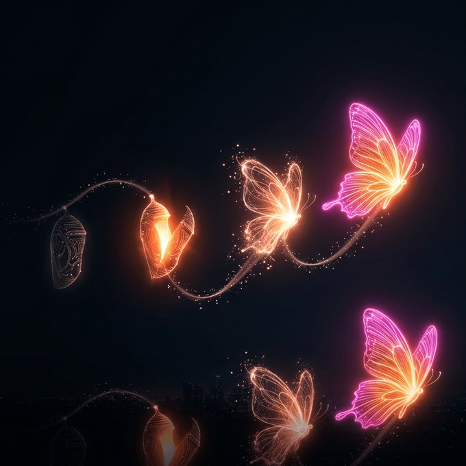 A glowing neon illustration depicts a caterpillar transforming into vibrant butterflies, symbolizing rebirth and evolution. This mirrors the post's theme of "bonuz" undergoing multiple metamorphoses, with the butterflies representing the project's latest transformation into its "LIFE mode."