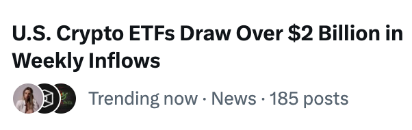 The image shows a news headline reading "U.S. Crypto ETFs Draw Over $2 Billion in Weekly Inflows," tagged as a trending topic with 185 posts. The caption "Must be nothing" appears to be a sarcastic understatement, mocking the dismissive tone one might use about such a substantial $2 billion figure flowing into U.S. crypto ETFs.