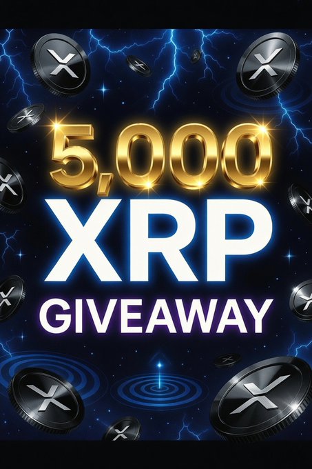 A dramatic promotional graphic announces a "5,000 XRP GIVEAWAY" in bold gold and white text, surrounded by floating XRP coin tokens against a dark cosmic background with lightning effects, visually reinforcing the cryptocurrency giveaway offer mentioned in the accompanying post.