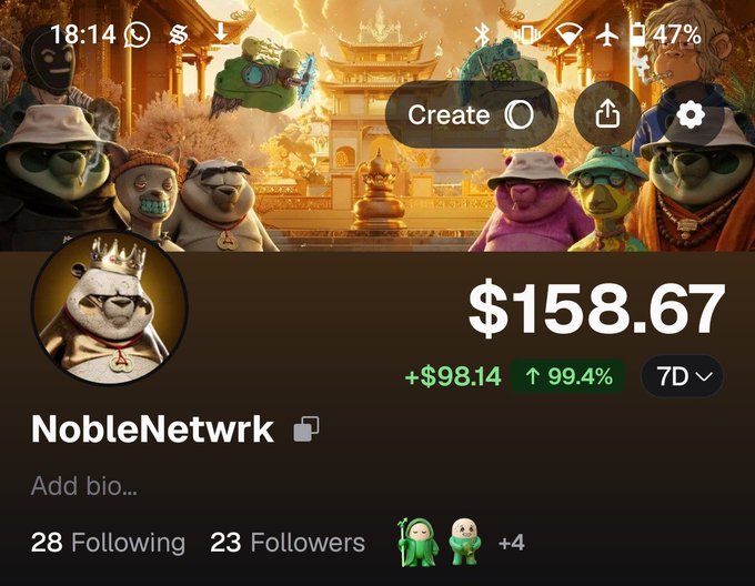 A mobile app screenshot showing a profile named 'NobleNetwrk' with a balance of $158.67 and a +$98.14 (99.4%) gain over 7 days, featuring cartoon bear avatars.