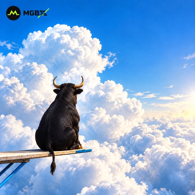 A surreal image of a black bull sitting on a diving board extending into fluffy clouds with a blue sky, featuring the MGBX logo in the top left corner.