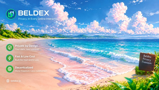 Beldex promotional banner featuring a tropical beach scene with the tagline "Privacy. In Every Online Interaction" and feature highlights: "Private by Design," "Fast & Low Cost," and "Decentralized," with beldex.io URL displayed.