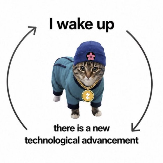 A meme featuring a cat wearing a blue beanie, blue outfit, and a gold 'Z' chain, with text reading 'I wake up' and 'there is a new technological advancement'.