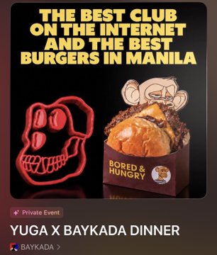 A promotional graphic reading 'THE BEST CLUB ON THE INTERNET AND THE BEST BURGERS IN MANILA' and 'YUGA X BAYKADA DINNER,' featuring a red skull fist logo and a 'BORED & HUNGRY' burger box.