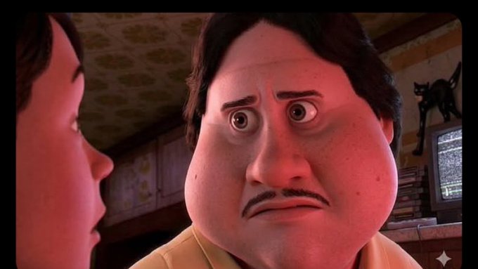 A close-up of a cartoon character's face with a worried expression, mustache, and wide eyes, facing another character in a dimly lit room with a cat in the background.